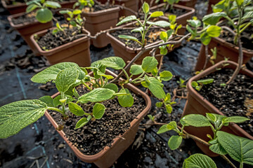 Young seedlings growing in the greenhouse on the farm.