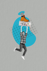 Poster picture image collage of crazy cheerful guy catch hundred dollars fly air go shopping...