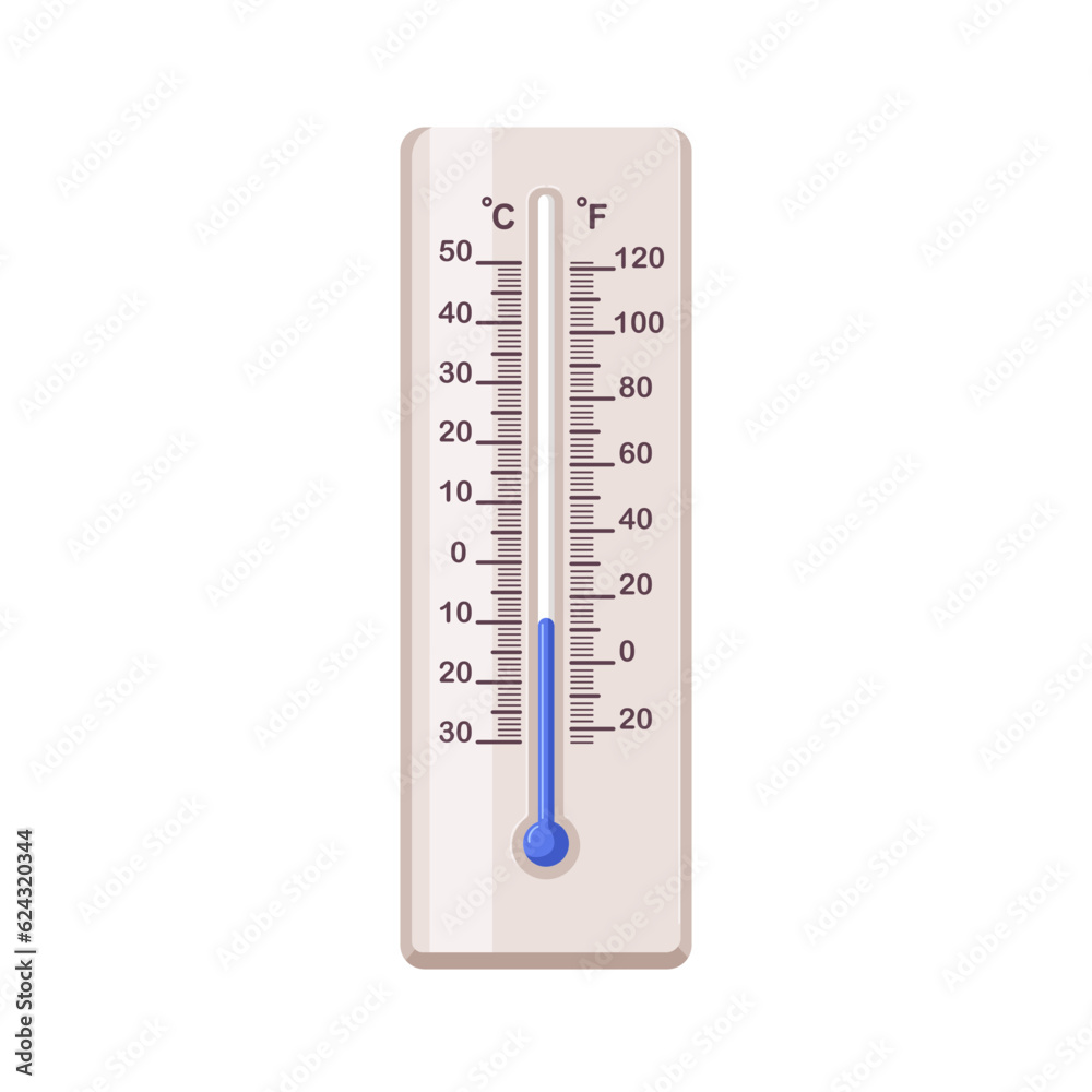 Poster Mercury thermometer with low temperature, cold weather. Celsius and Fahrenheit tool for degrees measurement. Analog measuring device. Flat cartoon vector illustration isolated on white background
