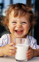 A smiling and adorable little baby drinking a big glass of milk