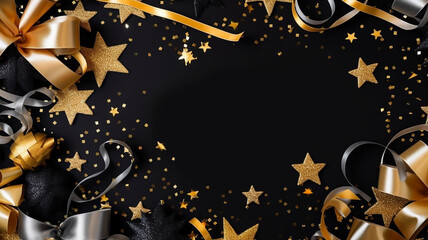 New Years Eve corner border banner of glittery gold stars, streamers, decorations and noisemakers. Top view on a black background, Blurry background, template, Bokeh, Copy Space, Generative AI