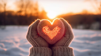 Hands in winter gloves Heart symbol shaped Lifestyle and Feelings concept with sunset light nature on background. Blurry background, template, Bokeh, Copy Space, Generative AI