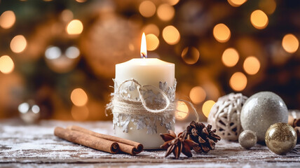 White Christmas candle on rustic wooden boards - Decoration with natural elements, twigs, pine cones and cookies - First Advent Sunday, Blurry background, template, Bokeh, Copy Space, Generative AI