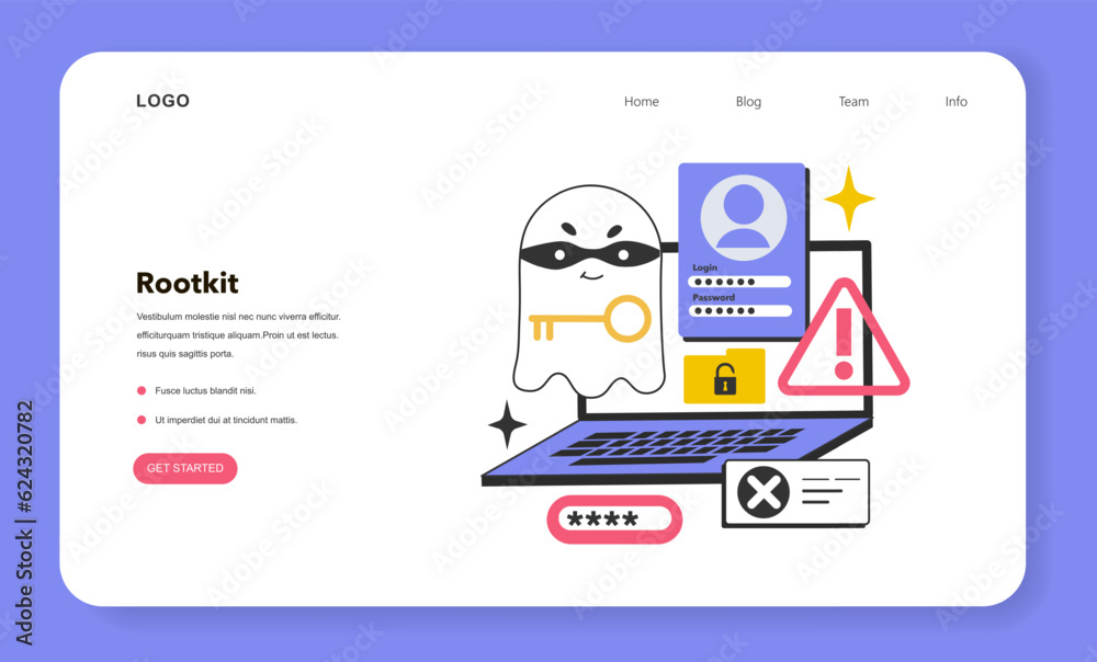 Poster rootkit web banner or landing page. computer program hiding malicious