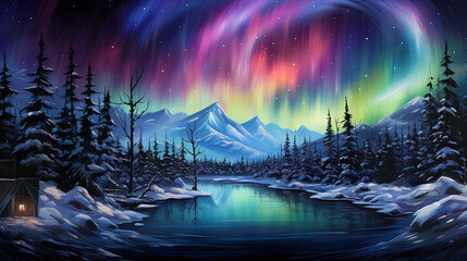 Aurora Borealis Showcase, the captivating beauty of the Northern Lights, painting the sky with a stunning array of colors and dancing lights. AI generative