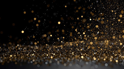 Sprinkle gold  black dust on a black background in the dark,Sparkling black  glitter powder on black background,christmas background,Sprinkle dust black light Christmas and happy new year.