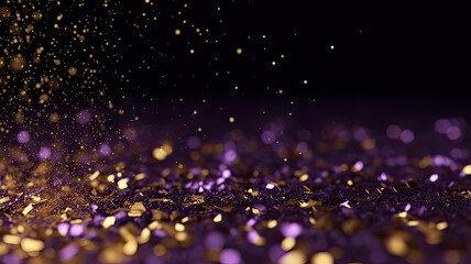 Sprinkle gold  purple dust on a black background in the dark,Sparkling purple  glitter powder on black background,christmas background,Sprinkle dust purple   light Christmas and happy new year.