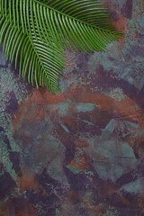 Rusty background with green and blue streaks. Palm leaves in the corner of the background. Top view, space for text