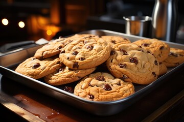 Chocolate chip cookies on a tray. Generative AI.