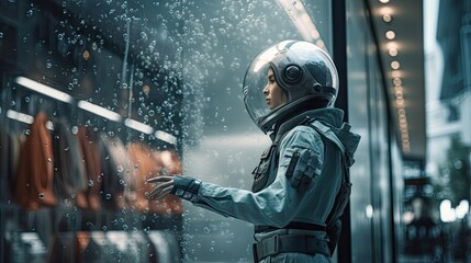 Futuristic Space Fashion: Woman in Space Suit Chooses Innovative Attire in Meta Universe Store. A woman wearing a space suit in front of a store window with innovative space fashion.