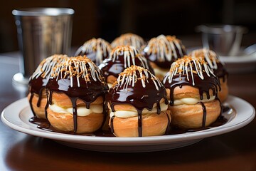 Cream puffs drizzled with chocolate ganache. Generative AI.