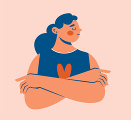 Hand drawn illustration with cute young woman with crossed arms. Cartoon funny girl. Body positive, self love, nervous person, neglect, affront, resentment, snub concept. Vector clip art for sticker
