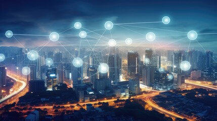 Cityscape with glowing network connections, symbolizing smart city and communication.