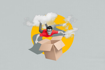 Sketch 3d poster collage of crazy guy fly sky hold big carton box delivery dropship isolated on...