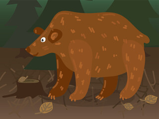 Illustration of a cartoon bear in the forest. Forest world with a cheerful big bear. The bear is in its usual habitat. Children's illustration, printing for children's books
