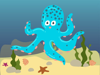 Illustration of a cartoon octopus under water. Underwater world with a funny octopus. An octopus in its usual habitat. Children's illustration, printing for children's books