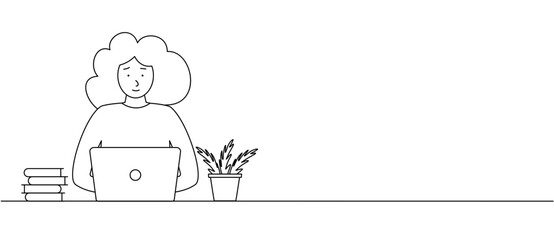 Working space, concept illustration. Young woman working on laptop home office workplace. Vector line illustration
