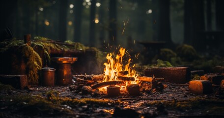 Bonfire in the forest at morning twilight. Campfire in the forest at forest. Camping concept.  Shallow depth of field. Low angle view to Burning firewood in the forest at dusk. No people.