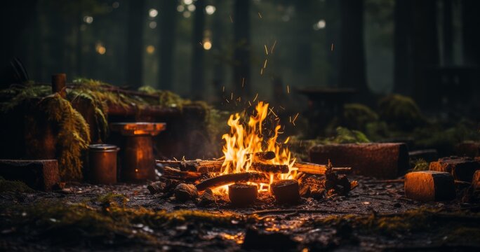 Bonfire In The Forest At Morning Twilight. Campfire In The Forest At Forest. Camping Concept.  Shallow Depth Of Field. Low Angle View To Burning Firewood In The Forest At Dusk. No People.