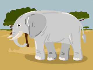 Illustration of a cartoon elephant in thesafari, desert. Savannah with a funny big elephant. A grey elephant in its habitat. Children's illustration, printing for children's books