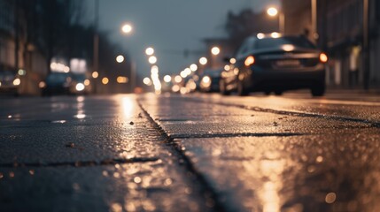 A wet city street at dusk with a car's rear lights and street lamps.
