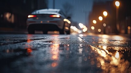 A rainy city street at night with the back of a car and street lights. - obrazy, fototapety, plakaty