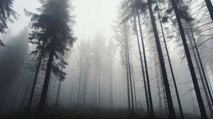 Fototapeta na wymiar Tall trees in the forest in the mountains covered with the fog