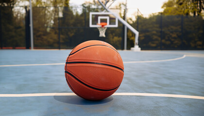basketball ball on the outdoors court with hoop on the background. Sport equipment