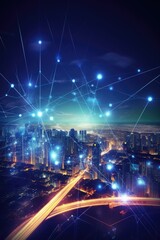 Abstract network nodes and city lights at twilight.