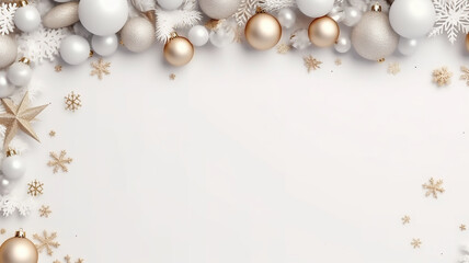 Merry Christmas sign banner frame with empty space and festive decoration on christmas background, Blurry background, template, Bokeh, Copy Space, Generative AI