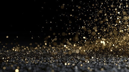 Sprinkle gold  black dust on a black background in the dark,Sparkling black  glitter powder on black background,christmas background,Sprinkle dust black light Christmas and happy new year.