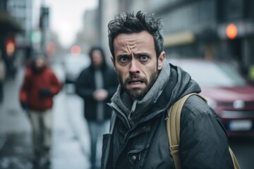 Strong reaction of disapproval as a passerby witnesses littering on a busy city sidewalk