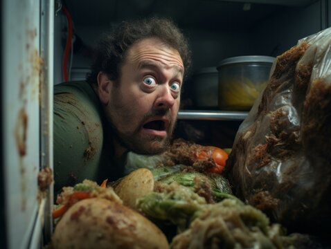 Close-up photo captures the disgust on someone's face seeing a pile of rotting food in a neglected fridge