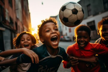 A Group of Children Engaged in a Joyful Game of Football in an Urban Neighborhood
