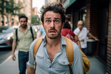 Close-up photo captures passerby's offensive reaction to littering on crowded city sidewalk