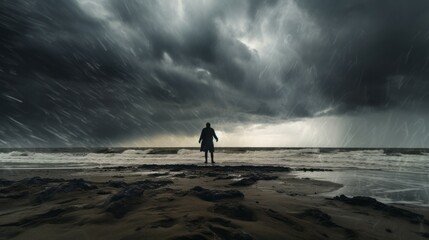 Emotional Expression: Anger on a Stormy Beach - obrazy, fototapety, plakaty