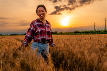 A young Chinese farmer walks through her wheat field in the late sunset, wearing a smile of satisfaction and contentment due to a successful harvest this year.