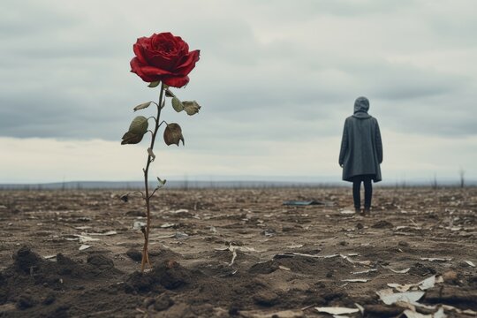 A forlorn individual gazing at a dying flower beneath a gloomy sky