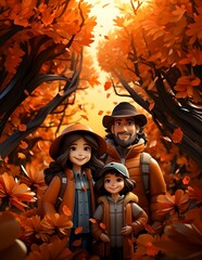 Family playing in autumn park, 3d illustration cartoon style, generative AI