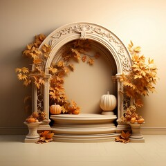 Autumn or Halloween podium display decoration with window pumpkin autumn tree on yellow orange background copy space text, 3d illustration, generative AI