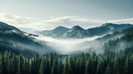 Tall trees in the forest in the mountains covered with the fog