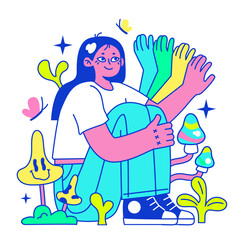 Psychedelic trip party. Rave camp, Character drinking alcohol,