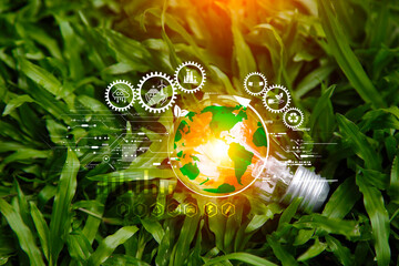 green energy system. Green tree in light bulb on grass nature background. Net zero in 2050 year....
