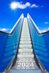 Text 2024 2025 2026 2027 and 2028 written on escalator steps in bright sunlight. Concept of a happy...