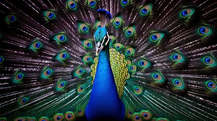 Fototapeta na wymiar Portrait of beautiful peacock with feathers out Generative AI