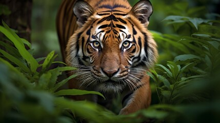Proud Sumatran Tiger prowling towards the camera Generative AI
