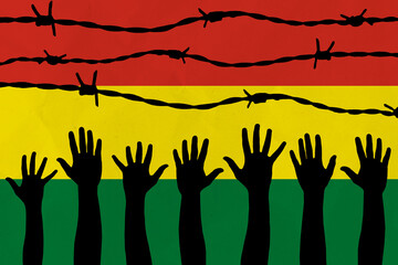Bolivia flag behind barbed wire fence. Group of people hands. Freedom and propaganda concept