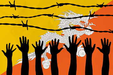 Bhutan flag behind barbed wire fence. Group of people hands. Freedom and propaganda concept
