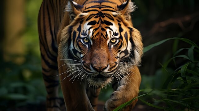 Proud Sumatran Tiger prowling towards the camera Generative AI