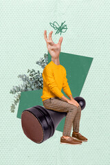 Poster collage of big black knight chess figure smart strategy logic thinking headless man minded...
